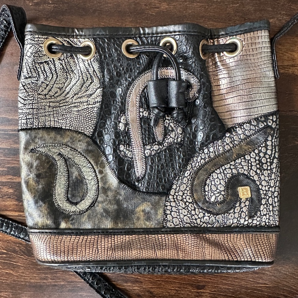NAS Metallic Black and Bronze Drawstring Shoulder Bag